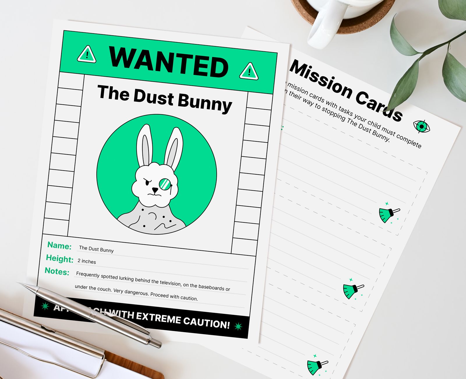 A printable piece of paper with The Dust Bunny written on it sits on a desk.