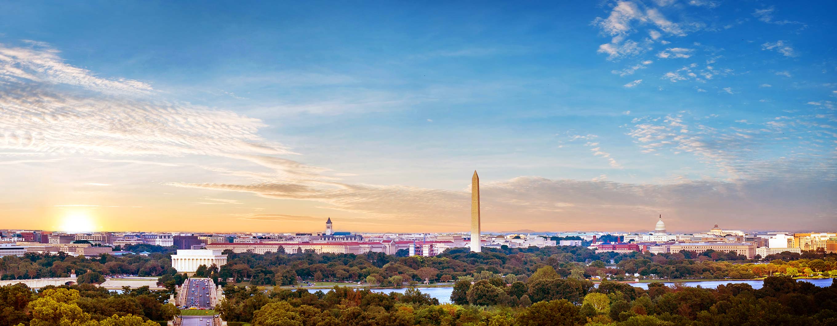 Image of the washington dc skyline with the sunsetting behind