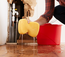kneeling woman cleaning water with yellow sponge