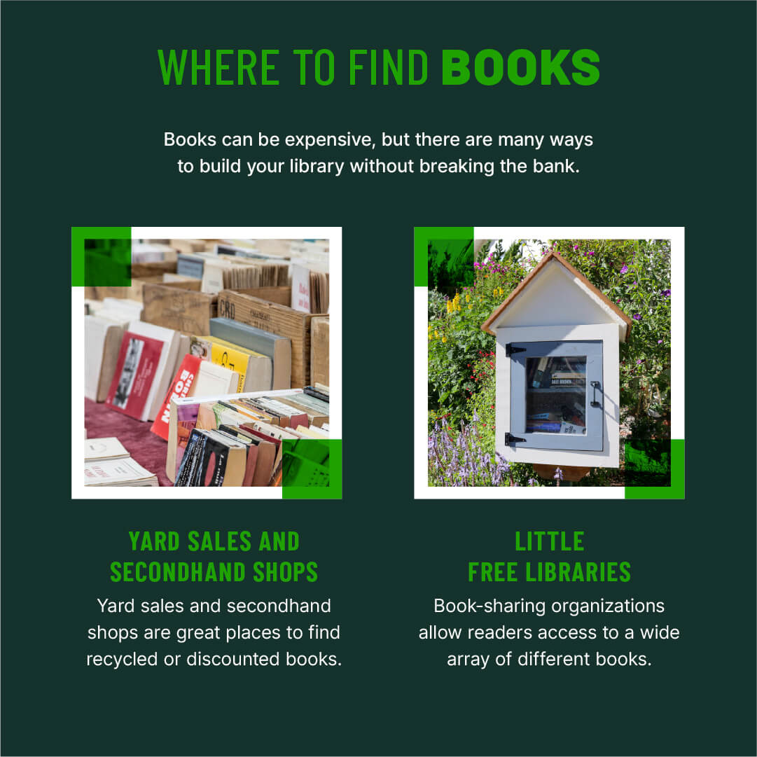 Images of books at a garage sale and inside a little free library