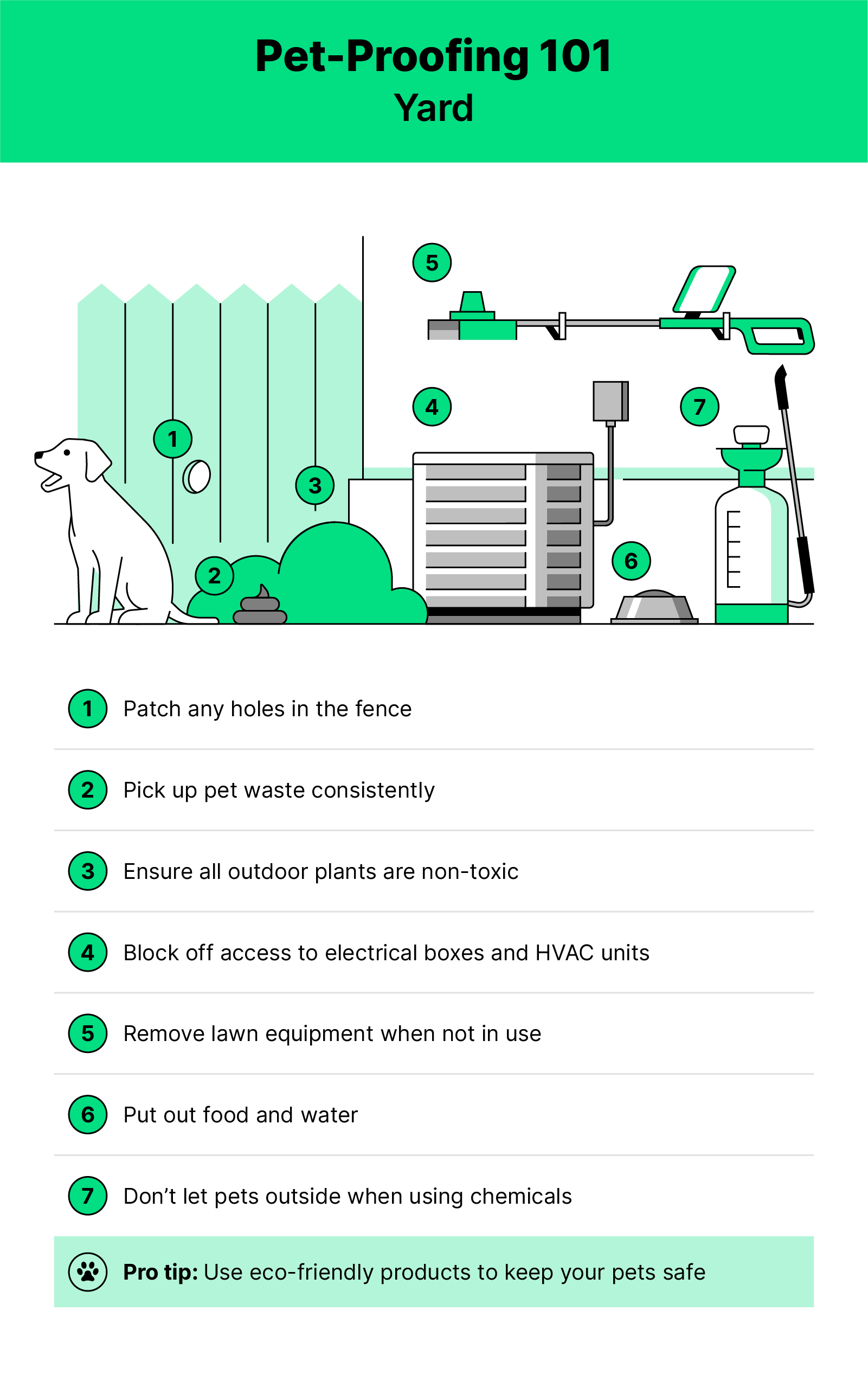 Green white and black illustration of a yard with a dog inside and pet proofing tips