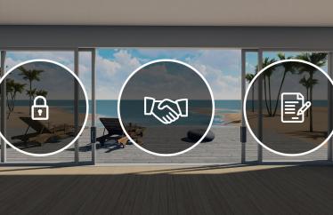  photo of glass doors opening to a beach with overlays of icons of a lock, handshake, and signing a paper