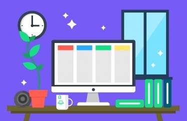 illustrated computer with tools on the screen surrounded by a window, plant, and a clock