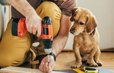 A man using a power tool a with a small puppy to his left