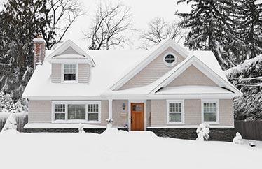 white house covered in snow and surrounded by snowy trees