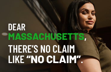 homeowner looking over their shoulder with text on the left that reads, "Dear Massachusetts, there's no claim like, 'No Claim'"